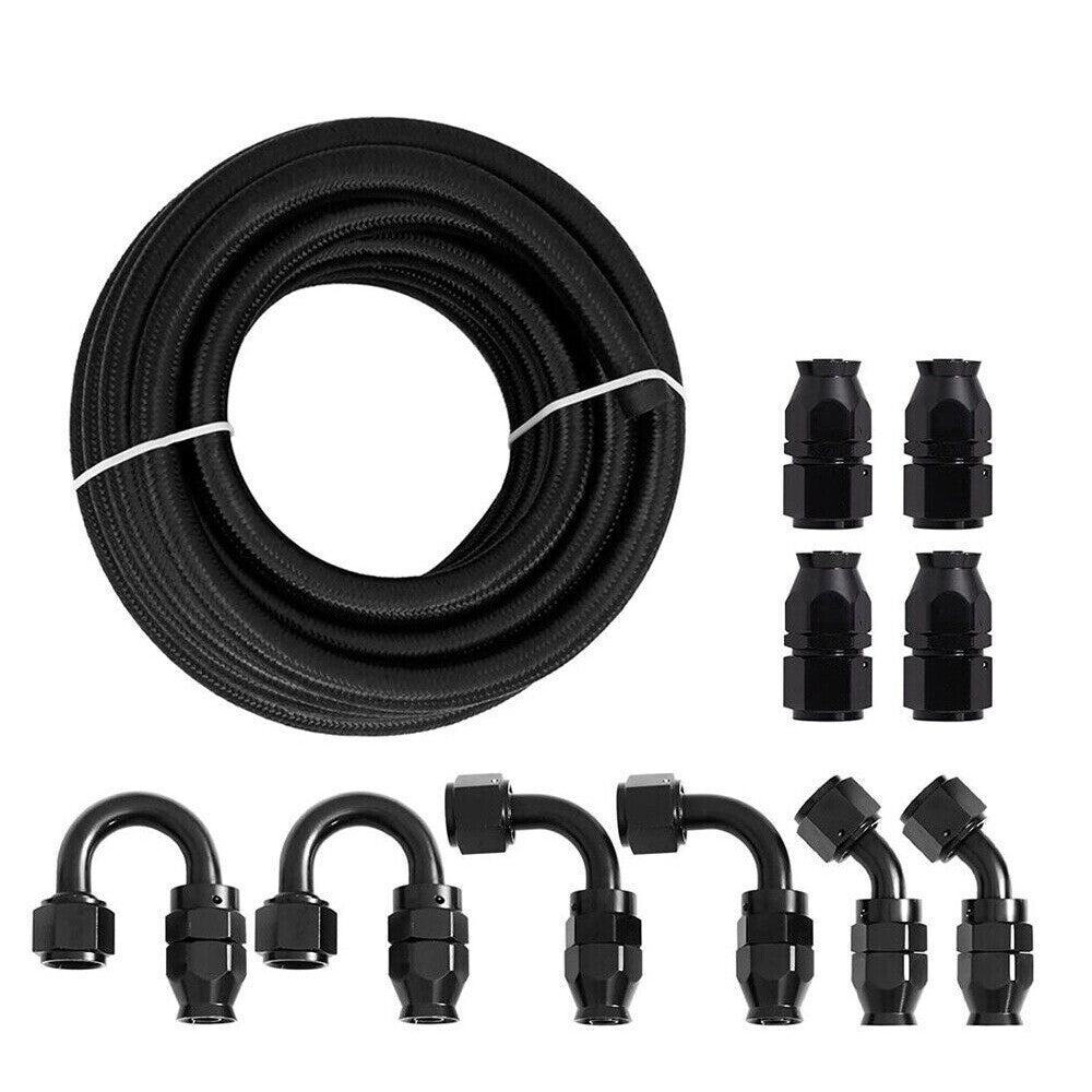 4AN -4AN 10FT Black Nylon E85 PTFE Fuel Hose Line 10Pcs Adapter Fitting Hose Kit