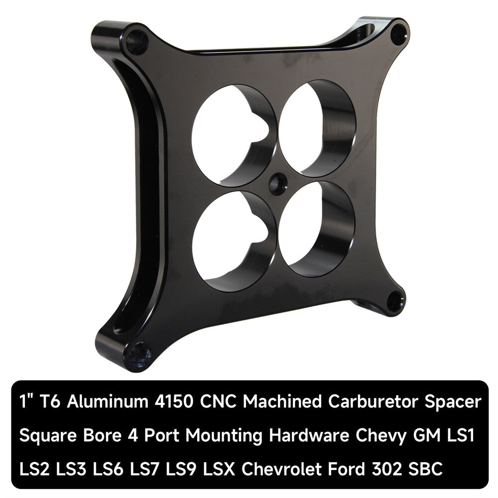 1 inch T6 Aluminum 4150 CNC Machined Carburetor Spacer Square Bore 4 Port Black