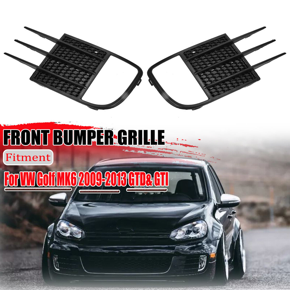 Two front bumper fog light grille cover trims for 2009-2013 for Volkswagen for Golf GTI GTD MK6.
