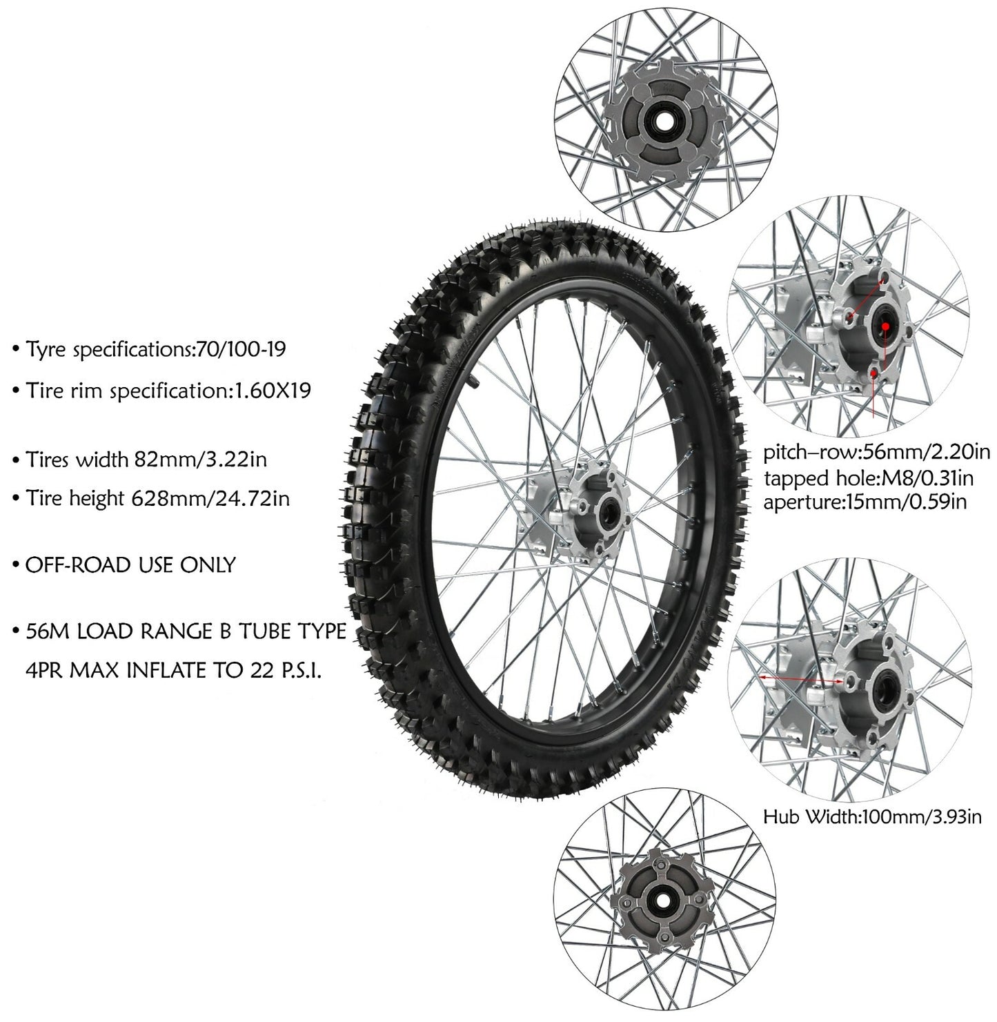 19-inch wheels, 70/100-19 tire kit + front fork for bicycles/motorcycles (150cc, 200cc, 250cc)