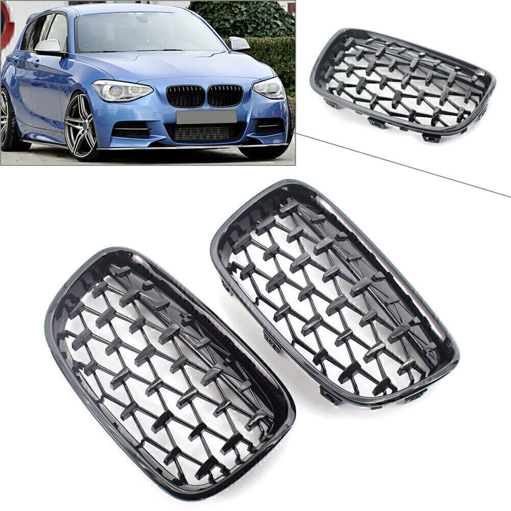 for BMW 1 Series F20 11-14 Gloss Black Diamond Meteor Style Front Kidney Grille